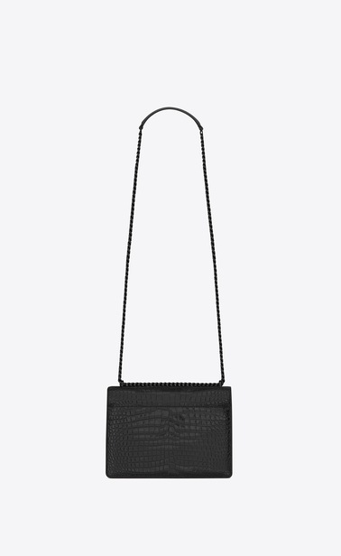 Mittlere Sunset Tasche aus schwarzem Glanzleder mit Krokodilledereffekt